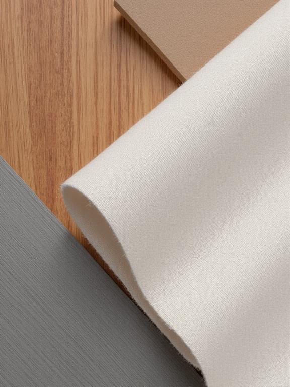 木材、リネン生地、滑らかな金属など、ZenForm製品に使用される自然素材のクローズアップ。